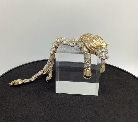 Huge Vintage Articulated Lion Brooch Rhinestone Vintage 1980s 7 1/2 inches