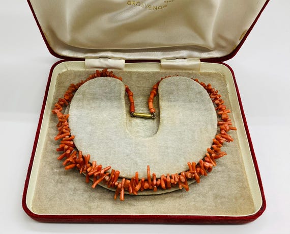 Salmon Red Coral Necklace True Period Victorian  Polished Graduated Bead and Branch Choker