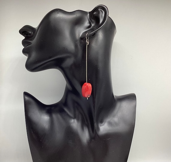 Lipstick Red Mediterranean Coral Very Long Drop Earrings Natural 925 Silver