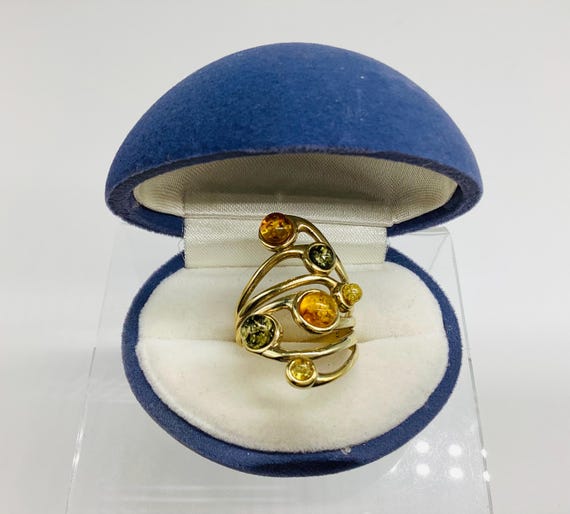 Stunning Gold on 925 Silver Ring Droplets of Multicoloured Amber Split Band Statement UK Size P