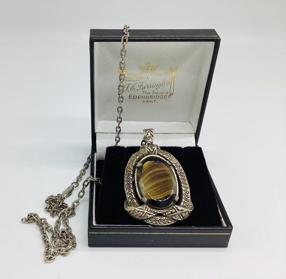 Signed Miracle Pendant and Chain Banded Glass Agate Large Single Stone Set in Pewter