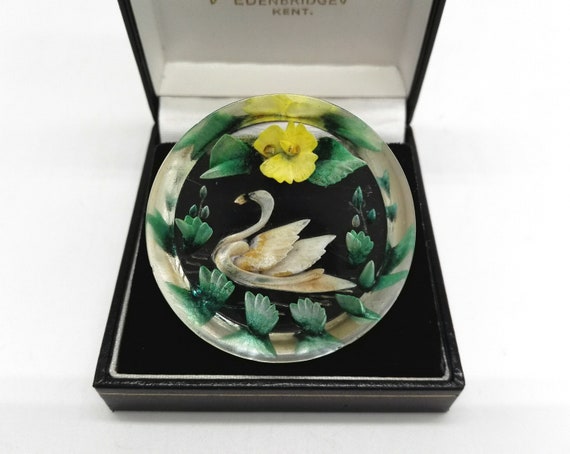 Reverse Carved White Swan Brooch Pin Scene With Reeds and Flowers Vintage Plastic Jewellery 1940/50's