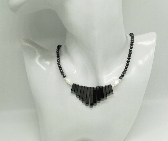 Vintage Seed Pearl and Hematite Bead and Block Bib Necklace Health Wellbeing