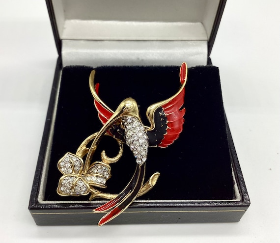 Attwood and Sawyer Hummingbird Brooch Signed Vintage 22ct Gold Plated Swarovski Rare Red and Black Plumage
