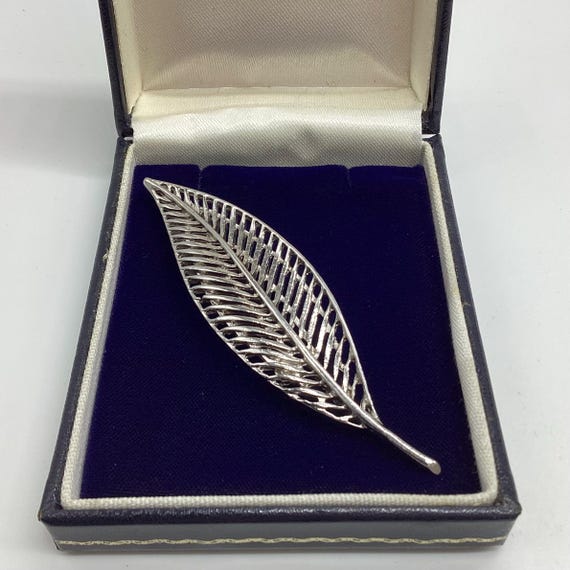 Signed HOLLYWOOD 1950s Vintage Brooch Large Skeleton Leaf  Silver Tone