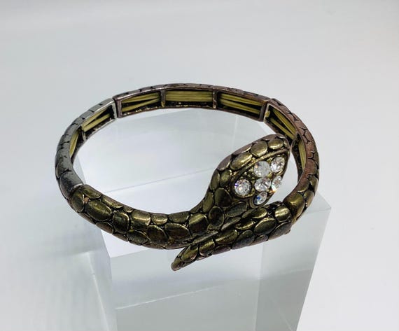 Bronzed Snake Bracelet With Crystals Vintage Art Deco Style Egyptian Revival Expandable