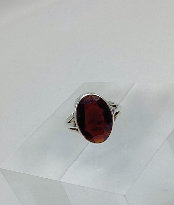 Large Faceted Red Garnet Oval Solid Silver Ring UK size L US size 6