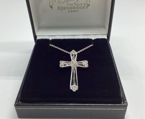 Black Enamel Crucifix with Crystals on a 925 Silver Chain. Christening Confirmation Birthday Gift for Her