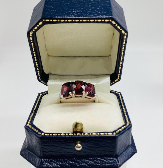 Garnet Trilogy Ring, Solid 925 Silver, Square Rose Cut Stones (UK R / US 8.5)