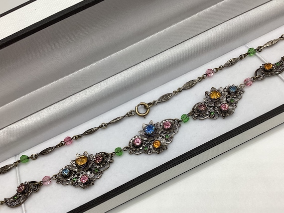 Czech Glass Art Deco Panel Necklace Crystal Flowers Silver Tone Boxed 1930