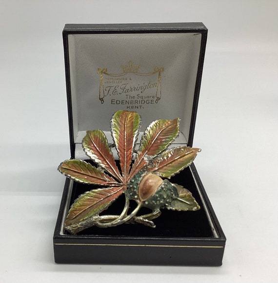 Large Chestnut Leaf Spray Brooch by Exquisite Hand Painted Enamel Autumn 1950's