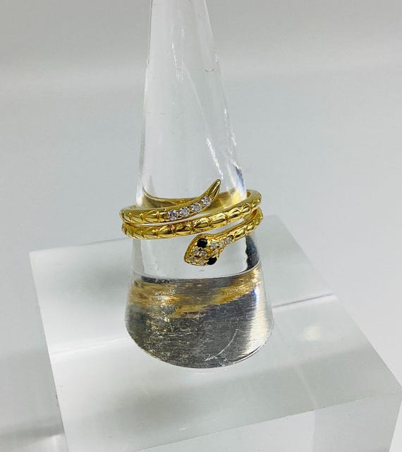 D’joy Vintage  Sterling Vermeil Snake Ring Solid 925 Silver With Gemstone Eyes Crystal Set Head and Tail Size O 1/2