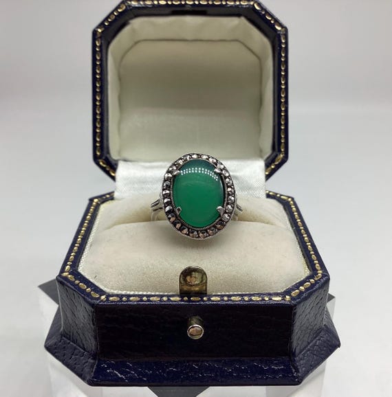 Large Edwardian Jade and Silver Marcasite Ring. 12th Anniversary Size