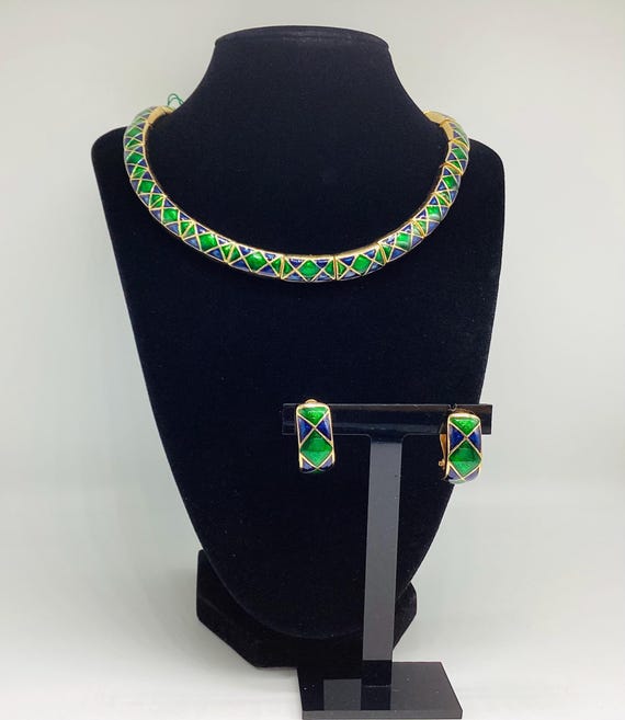 Vintage Carven Paris Enamel Necklace & Earrings Set – Green and Blue Statement Demi-Parure