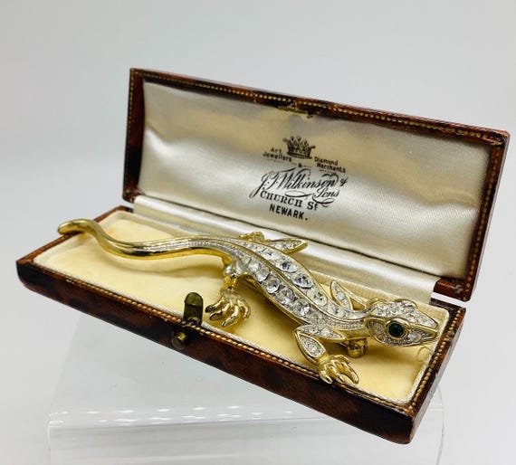 Large Salamander Brooch 1980s Lizard Faux Emerald Eyes Crystal Gold Plated