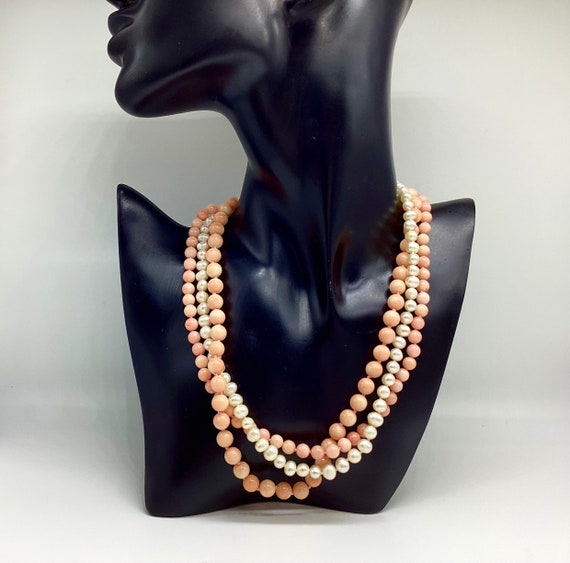Angel Skin Coral Large Bead and Cultured Pearl 3 String Necklace Vintage 18 inches