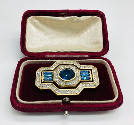 Attwood and Sawyer Art Deco Style Brooch Swarovski Sky Blue Crystal Sapphire 22ct Gold Plated