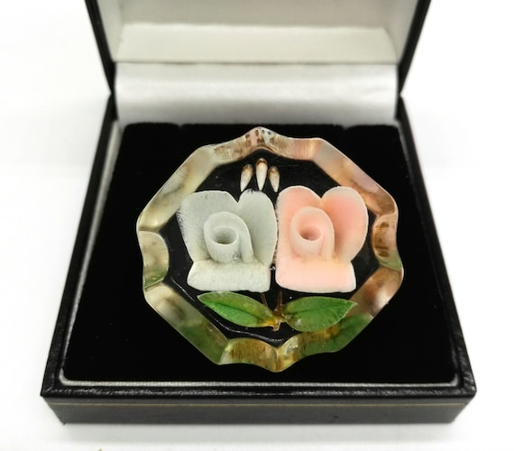 Vintage Reverse Carved Brooch Two  Delightful Roses Pink and Blue in Clear Plastic Pin