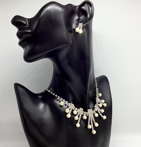 Fabulous Matching Pearl and Rhinestone Fringe Bib Necklace and Earrings