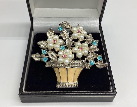 Vintage Brooch Colourful Crystal  Faux Pearls and Enamel Flower Basket Giardinetti