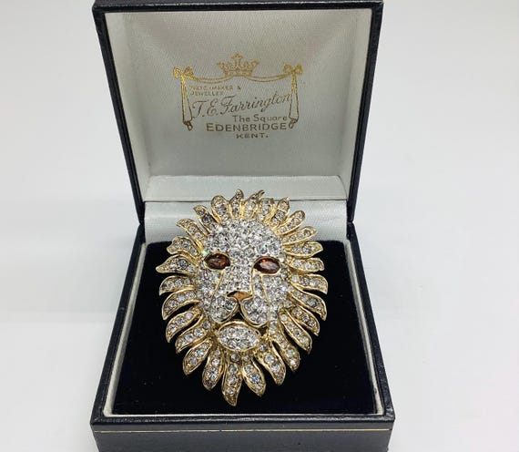 Attwood and Sawyer Lion Head Brooch Pave Set Topaz 22ct Gold Plated Leo Star Sign August/September Birthday Unisex Jewellery