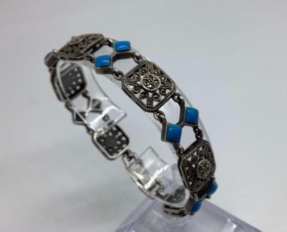 Marcasite Enamel and Solid Silver Bracelet Art Deco True Vintage