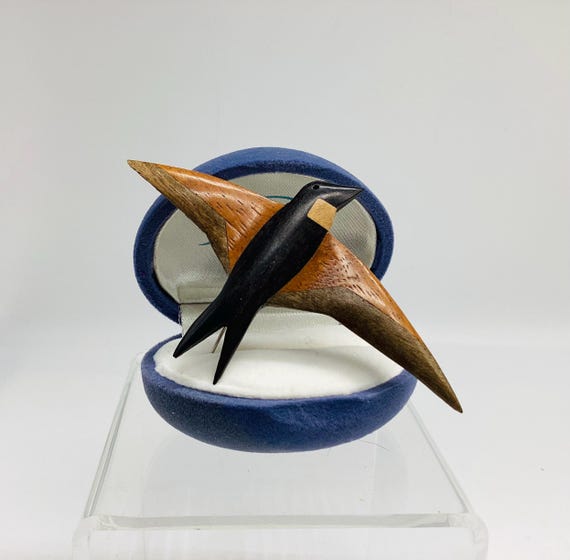 Vintage Period Brooch Pin Ebony and Walnut Wood Bird in Flight Unisex Large 3 1/2 inches by 2 inches