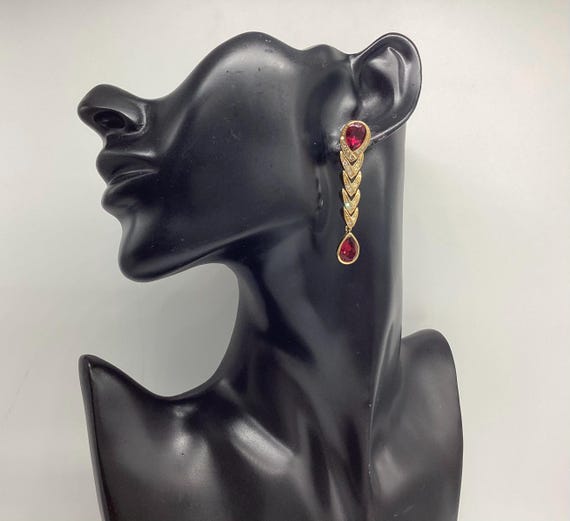 Signed Attwood and Sawyer Long Drop Earrings Swarovski Crystal Rubies 2 Inches
