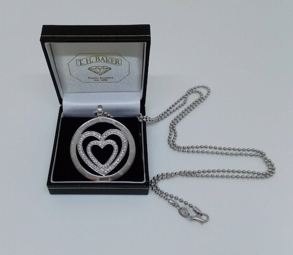 Huge Vintage Giorgio Martello 925 Silver/Rhinestone Heart Shaped Pendant and Long Chain 34.50grms. Gift of Love.