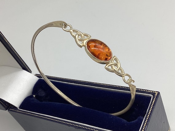 Vintage Amber in Celtic Love Knot Setting Solid Silver Bangle Valentine Birthday Wedding Anniversary Wedding Jewellery.