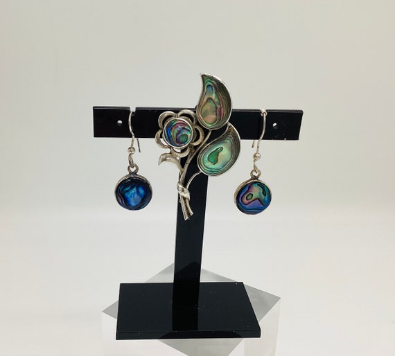 Brooch Earrings Set Abalone in Silver Flower Leaf Spray Brooch Dangle Drop Earrings Mexico
