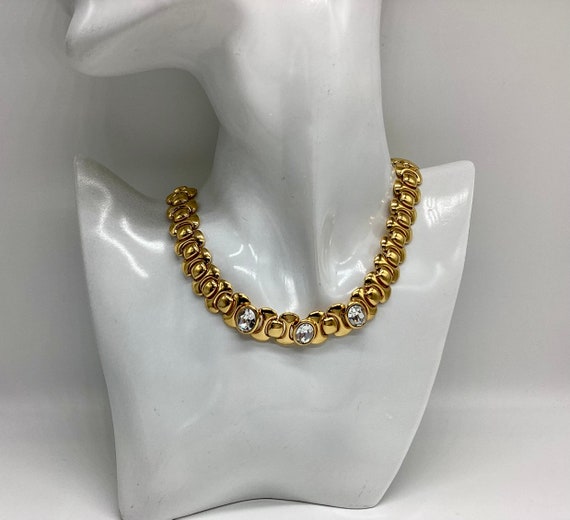 Napier Chunky Choker Gold Plated Set with Three Large Crystals Wedding Bridal Signed Designer