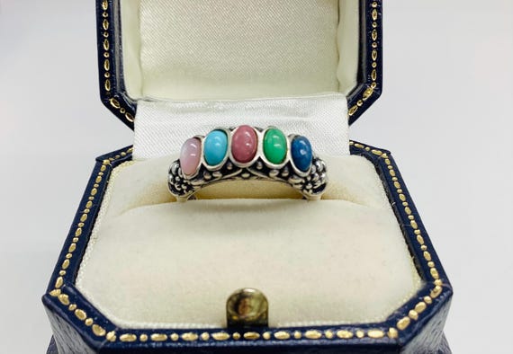 Carolyn Pollack Relios Ring 5 Stone 925 Silver  Turquoise Lapis Rhodochrosite Pink Moonstone Size O Native American