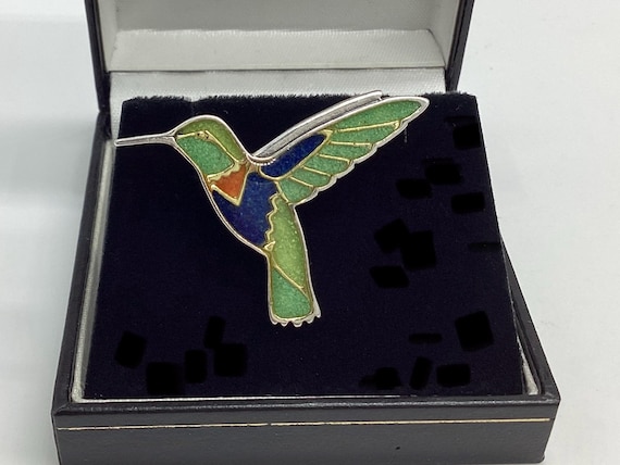 Rare Carolyn Pollack Relios Hummingbird Brooch Solid Silver Inlay Lapis and Coral