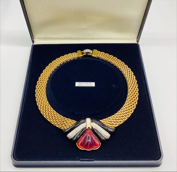 Vintage 1980s Gold Plated Statement Necklace Art Deco Revival Mesh Brick Chain Collar Choker Original Box