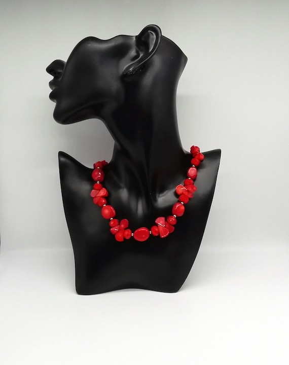 Lipstick Red Mediterranean Coral and Faceted Glass Bead Necklace 18 inches 35th Wedding Anniversary