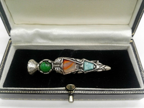 Vintage Celtic Dagger or Dirk Pin Brooch Glass Agate Gems in Pewter Unisex
