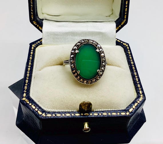 Large Edwardian Jade and Silver Marcasite Ring UK Size L