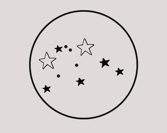 May include: A black line art illustration of a constellation inside a circle. The constellation features various sizes of stars and dots on a light gray background. The stars are outlined, and the dots are solid.
