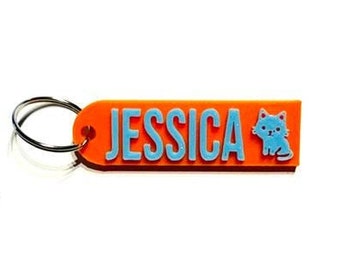 Jessica CUSTOM 3D PRINTED Round Corner Name Keychain (Keyring), Favor gifts, Kids /Teen bag, Adult bag, Personalized, Baby blue& Orange