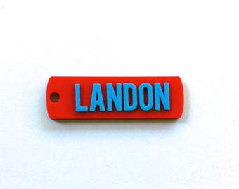 Landon CUSTOM 3D PRINTED  Round Corner Name  Keychain (Keyring), Favor gifts, Kids /Teen bag, Adult bag, Personalized, Baby blue& Red