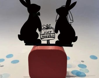 Bunny Wedding Cake Topper Sturdy– Just Married Sign – Rabbit Bride Groom – Woodland Animal Wedding – Custom Personalized Rustic Gift