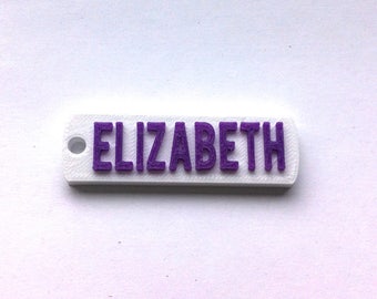 Elizabeth, CUSTOM 3D PRINTED  Round Corner Name  Keychain (Keyring), Favor gifts, Kids /Teen bag, Adult bag, Personalized, Purple & White