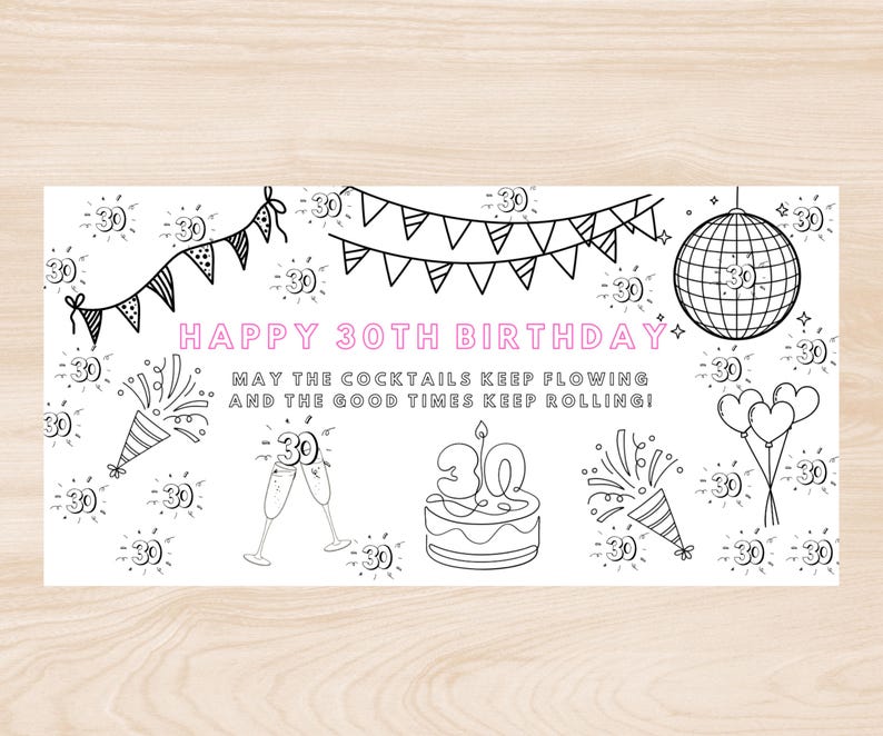 30th Colouring Custom Happy 30th Birthday Party Coloring Banner/tablecloth /poster ...