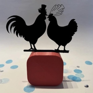 Custom Chicken Wedding Cake Topper – Hen and Rooster with Top Hat & Veil – Farm Animal Bride Groom – Personalized Gift