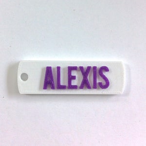 Alexis personnalisé 3D imprimé rond coin nom porte-clé (porte clés), cadeaux de faveur, enfants /Teen sac, sac adulte, personnalisé, violet et blanc, éco
