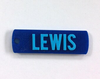 May include: A blue plastic keychain with a hole for a ring. The name "LEWIS" is printed in light blue on the keychain.