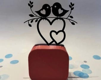 Custom  Double Hearts Love Birds Wedding Cake Topper Sturdy– Romantic Bird Couple with Heart Symbol – Elegant Bridal Cake Décor