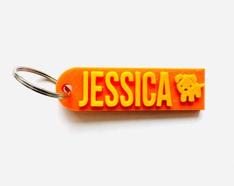 Jessica CUSTOM 3D PRINTED Cute Dog Name Keychain (Keyring), Favor gifts, Kids /Teen bag, Adult bag, Personalized, Baby blue& Orange
