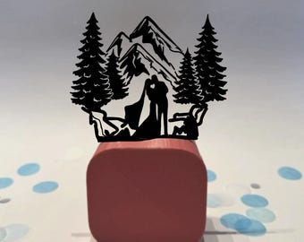 Mountain Wedding Cake Topper – Bride Groom Silhouette – Rustic Outdoor Theme – Custom Personalized Wedding Keepsake Gift